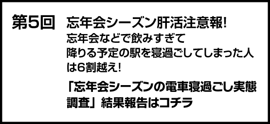 肝活注意報　忘年会シーズン肝活注意報！　忘年会などで飲み過ぎて降りる予定の駅を寝過ごしてしまった人は6割越え！